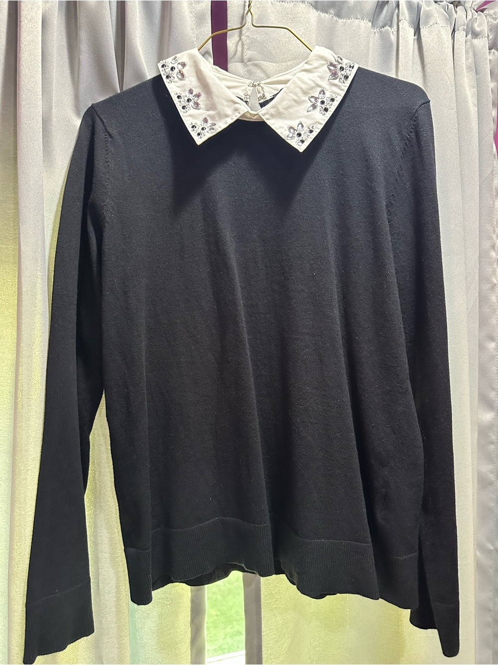 Cable & Gauge Black Sweater with White Embellished Collar
